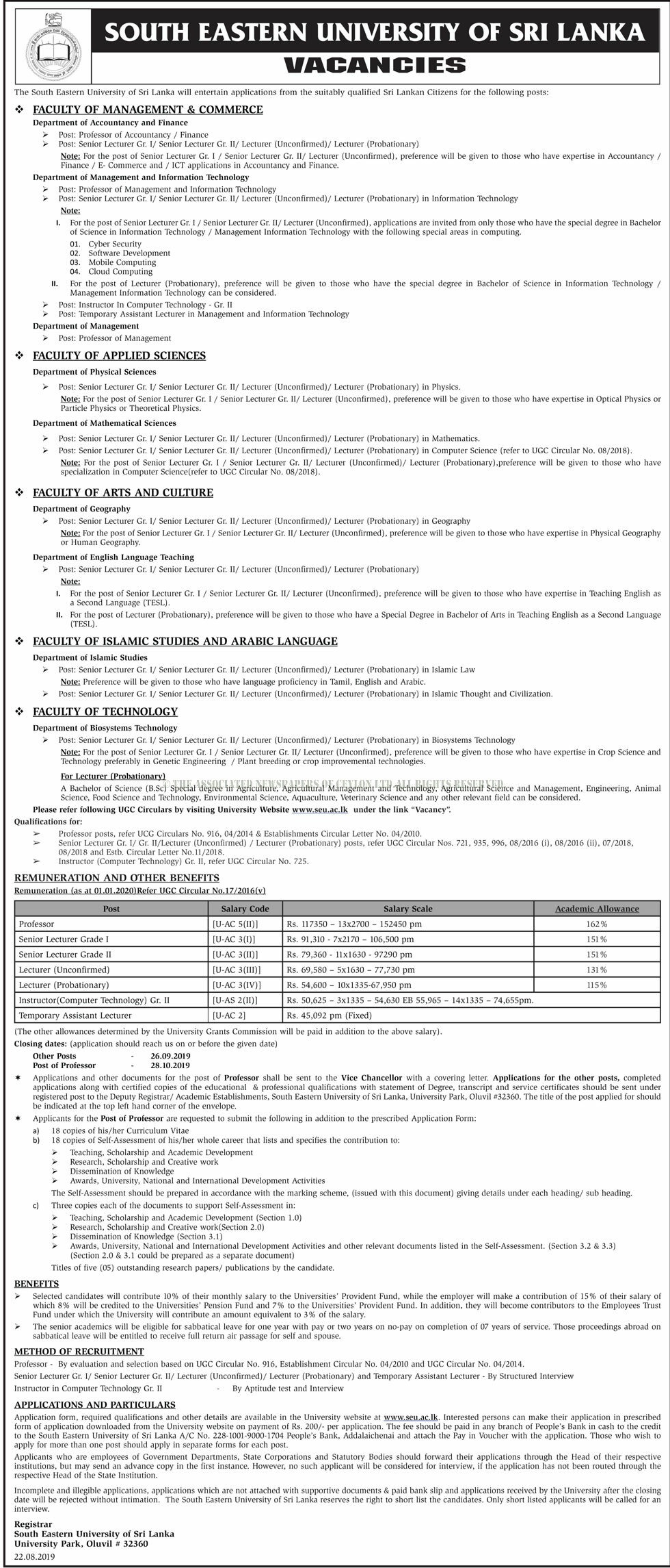 Professor, Senior Lecturer, Lecturer, Assistant Lecturer, Instructor in Computer Technology - South Eastern University of Sri Lanka 