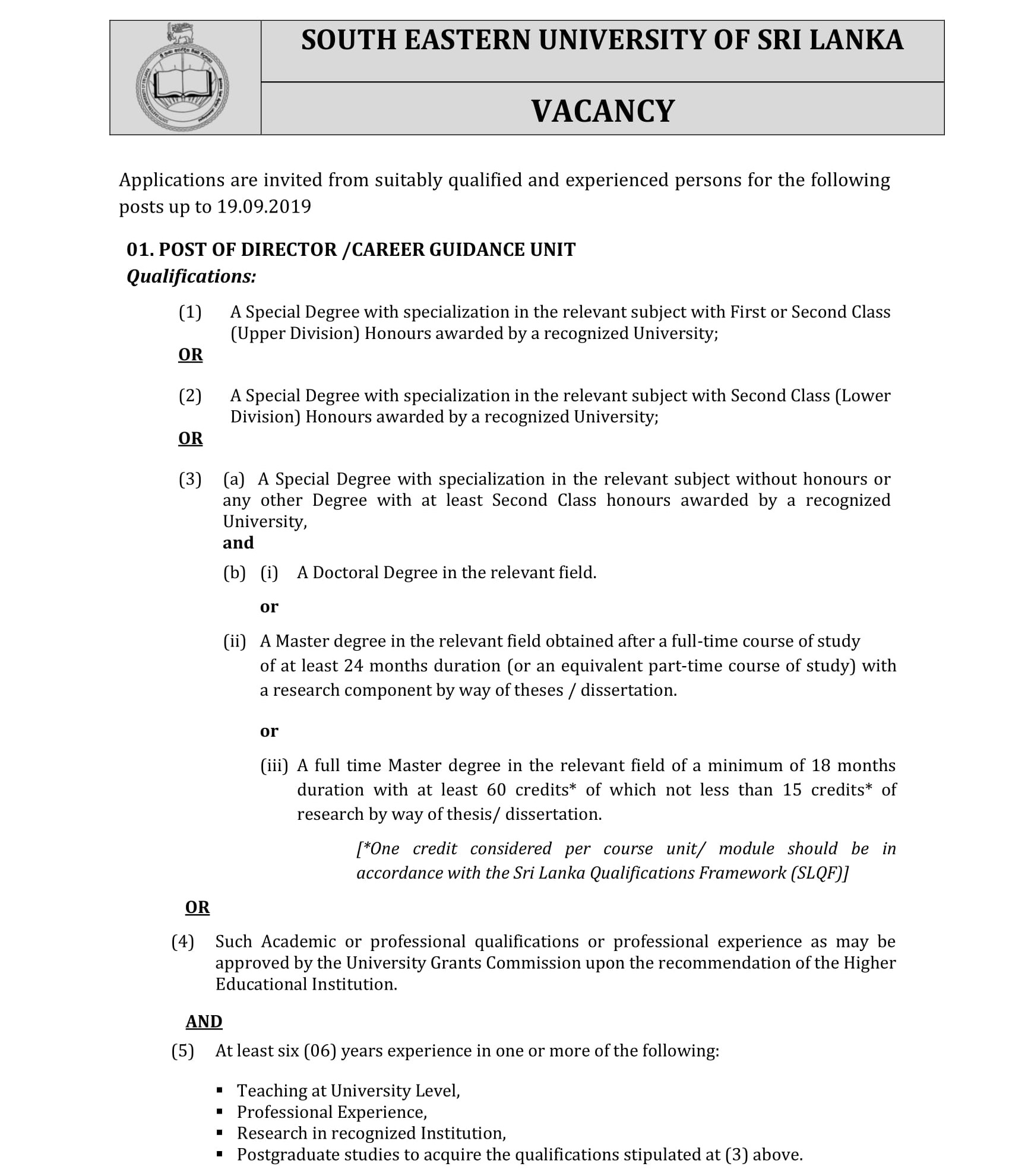 Director/Career Guidance Unit - South Eastern University of Sri Lanka 