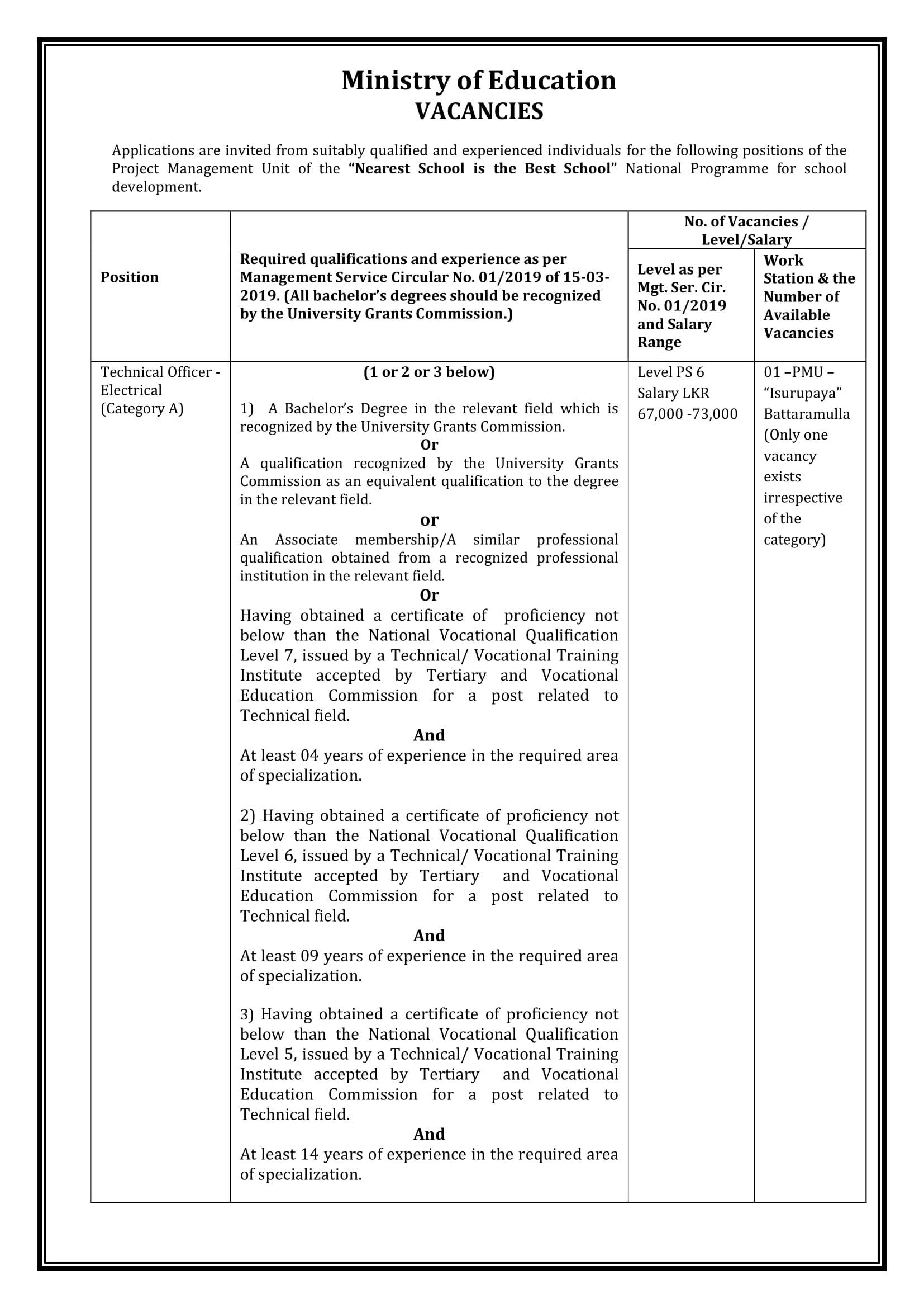 Technical Officer (Electrical) - Ministry of Education