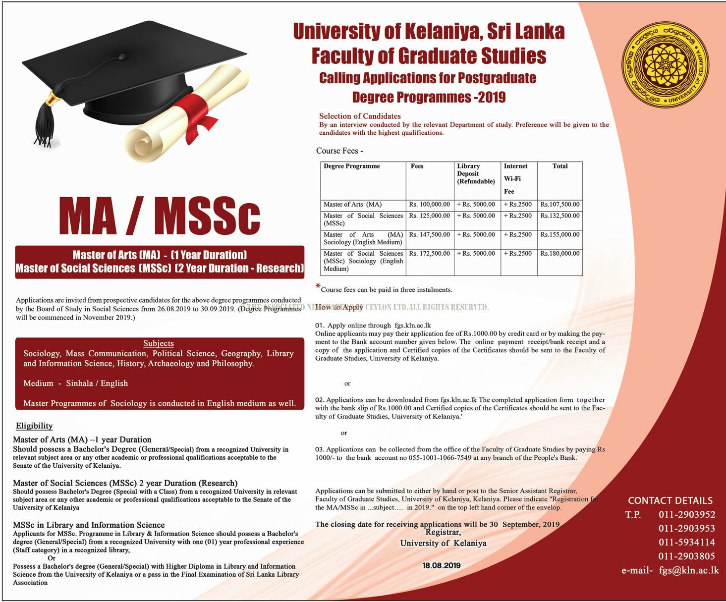 Master of Arts (MA), Master of Social Sciences (MSSc) - Faculty of Graduate Studies - University of Kelaniya