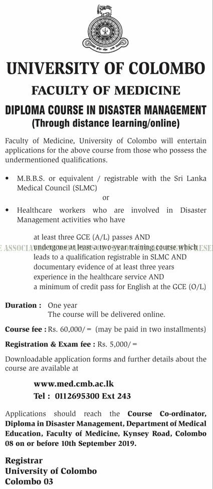 Diploma Course in Disaster Management - Faculty of Medicine - University of Colombo