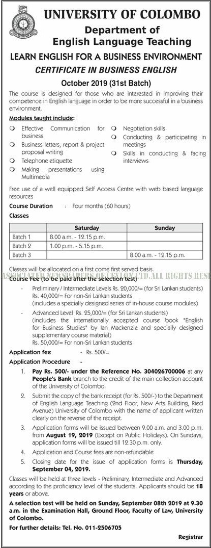 Certificate in Business English - Department of English Language Teaching - University of Colombo