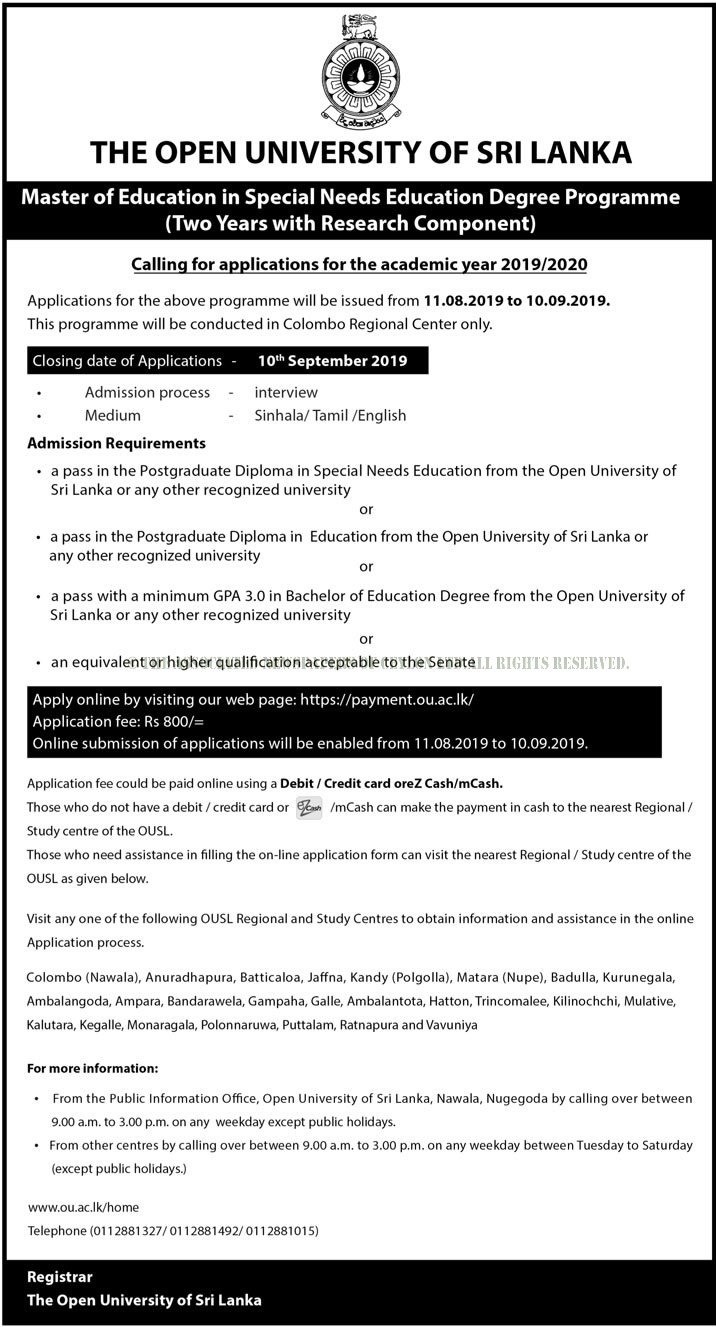 Master of Education in Special Needs Education Degree Programme - Open University of Sri Lanka