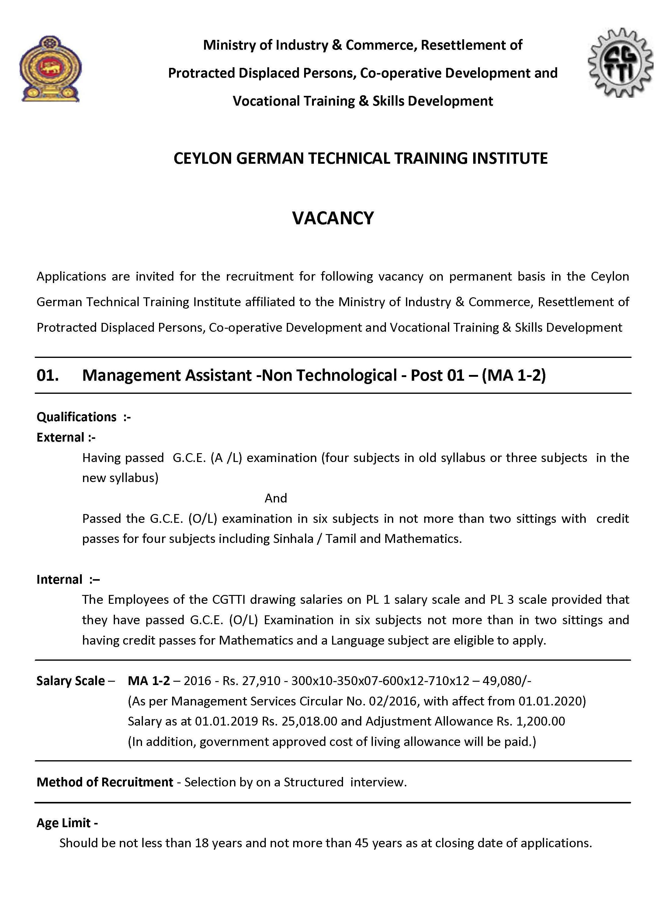 Management Assistant - Ceylon German Technical Training Institute