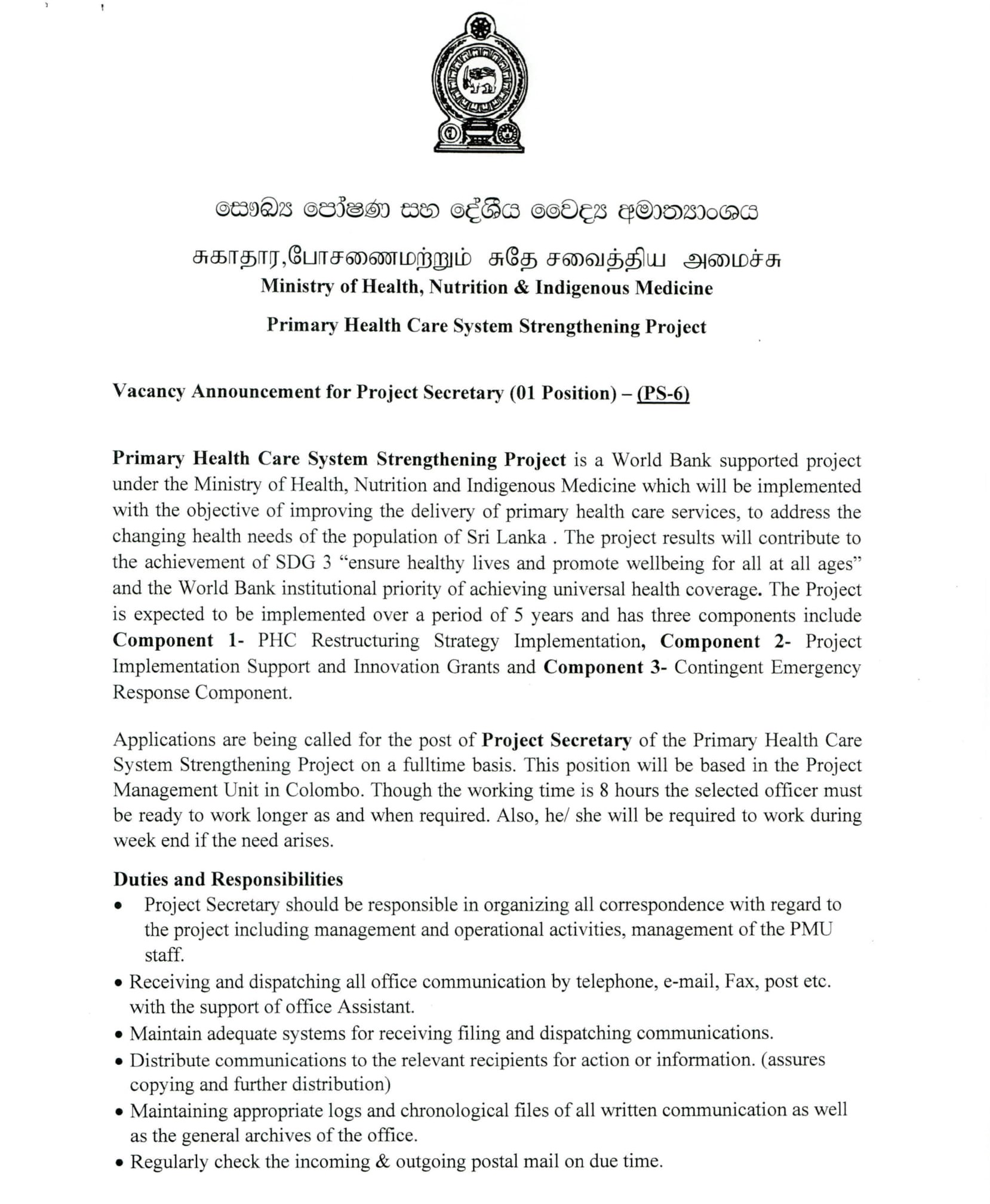 Project Secretary - Ministry of Health, Nutrition & Indigenous Medicine