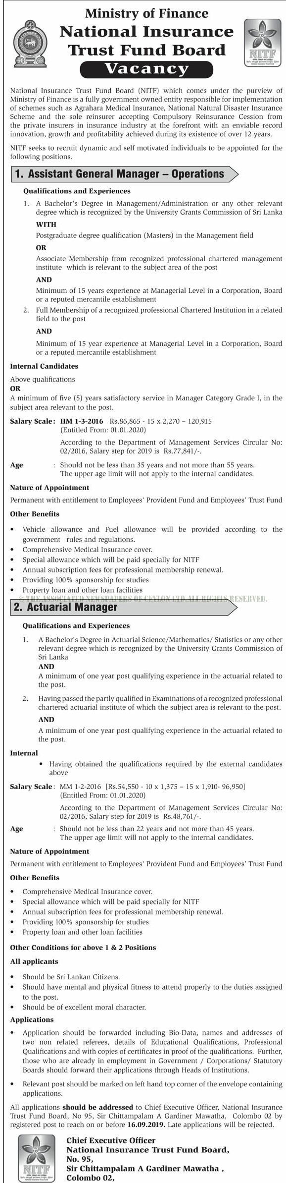 Assistant General Manager (Operations), Actuarial Manager - National Insurance Trust Fund Board