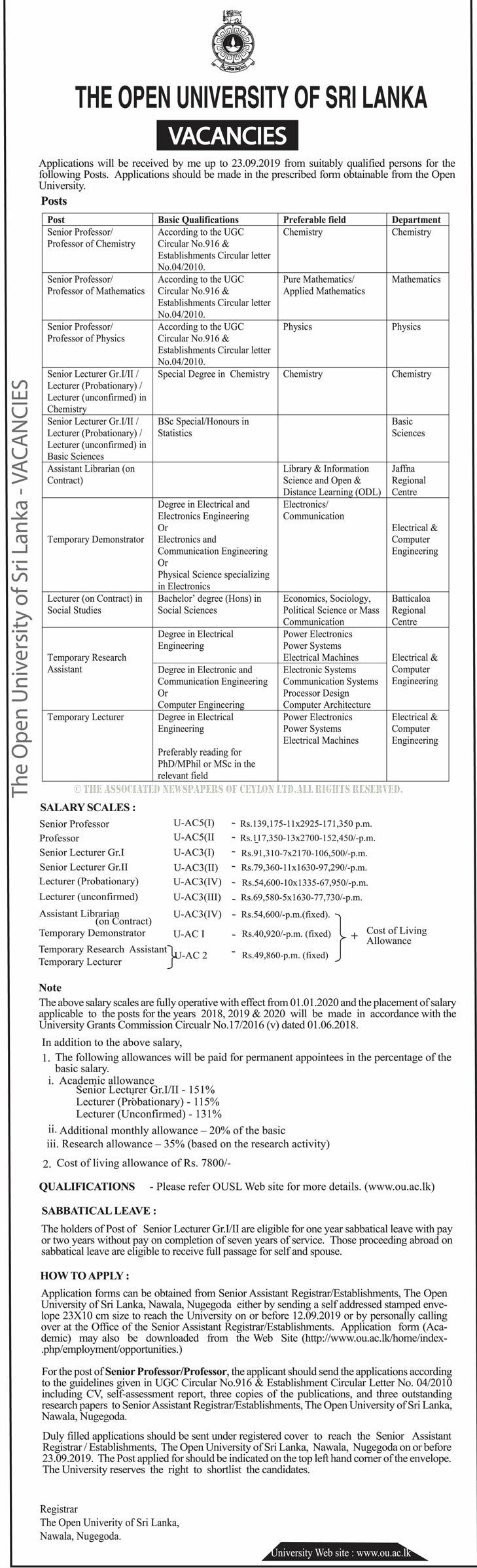 Assistant Librarian, Research Assistant, Senior Professor, Professor, Senior Lecturer, Lecturer, Demonstrator - Open University of Sri Lanka