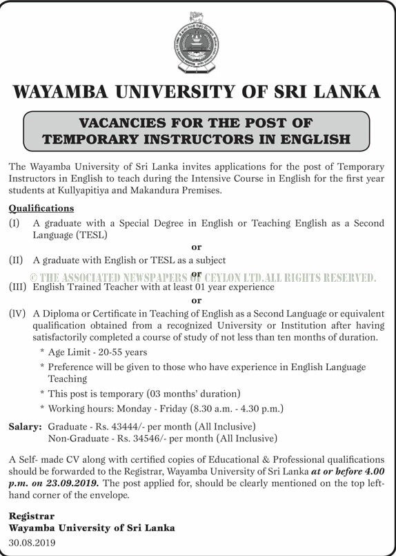 Instructor in English - Wayamba University of Sri Lanka