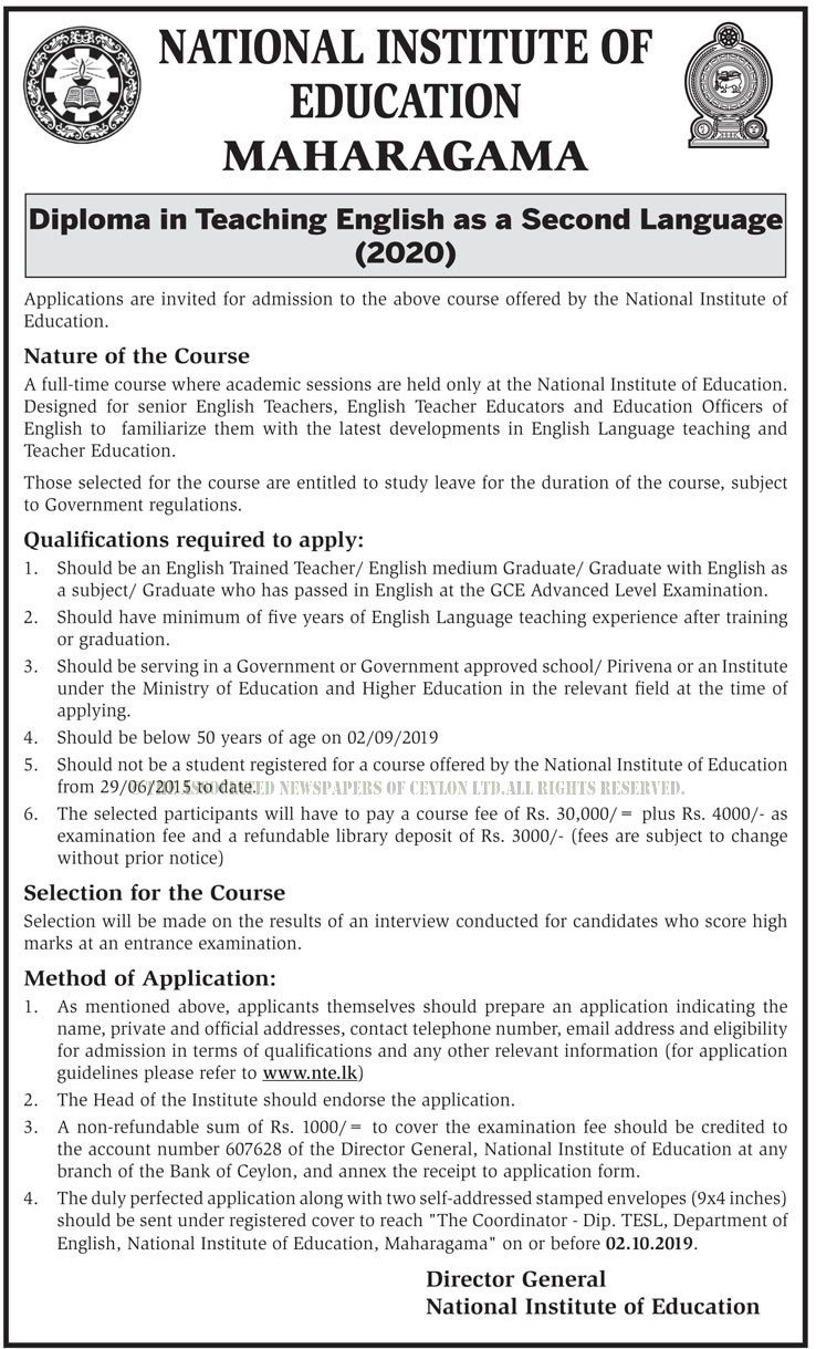 Diploma in Teaching English as a Second Language (2020) - National Institute of Education - Maharagma