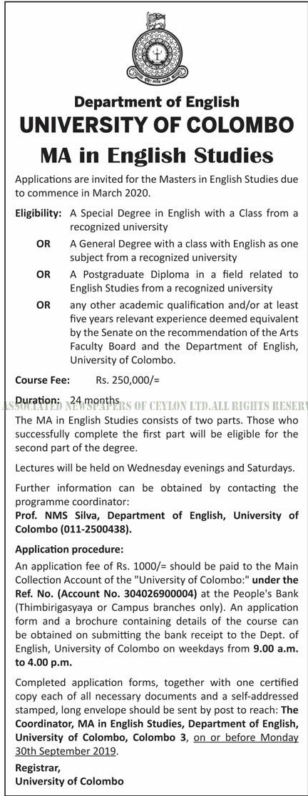 MA in English Studies - Department of English - University of Colombo