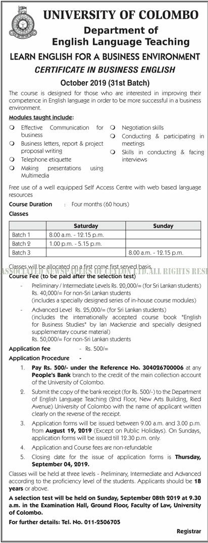 Learn English for a Business Environment Certificate in Business English - Department of English Language Teaching - University of Colombo