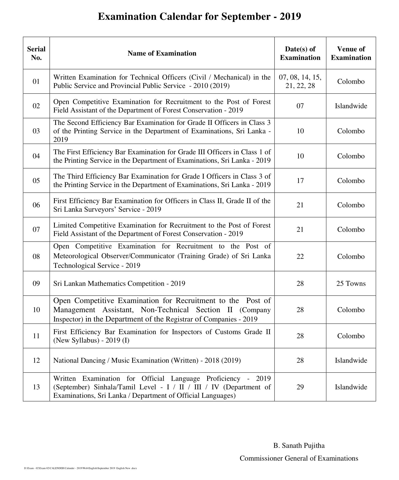 2019 September Exam Calendar - Department of Examination