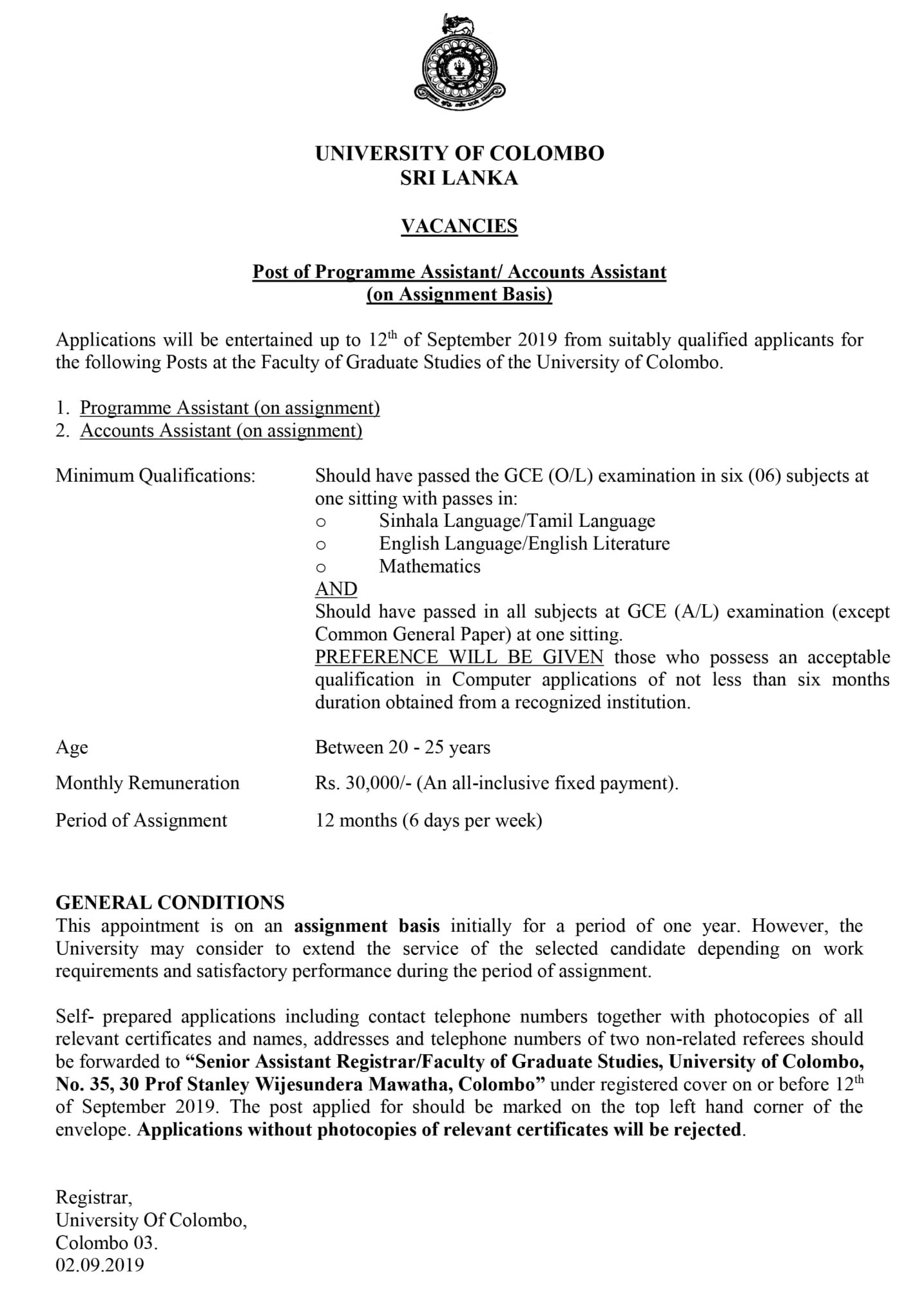 Programme Assistant, Accounts Assistant - University of Colombo