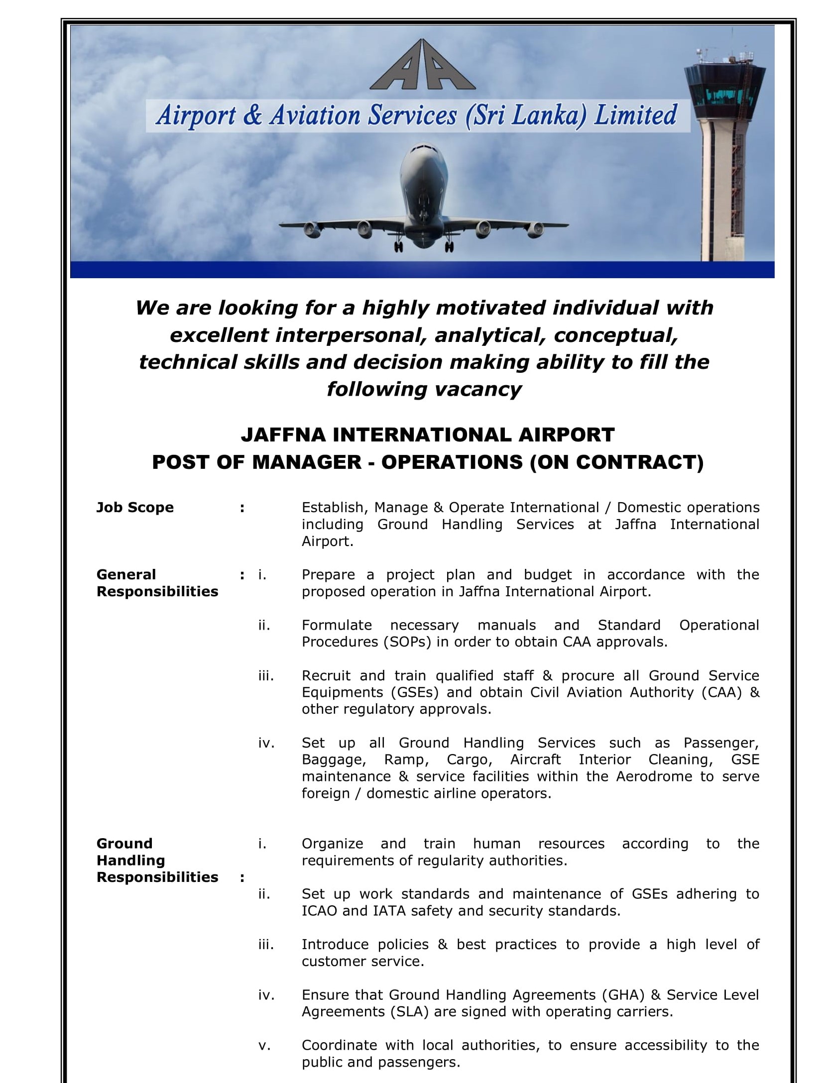 Manager (Operations) - Airport & Aviation Services (Sri Lanka) Limited