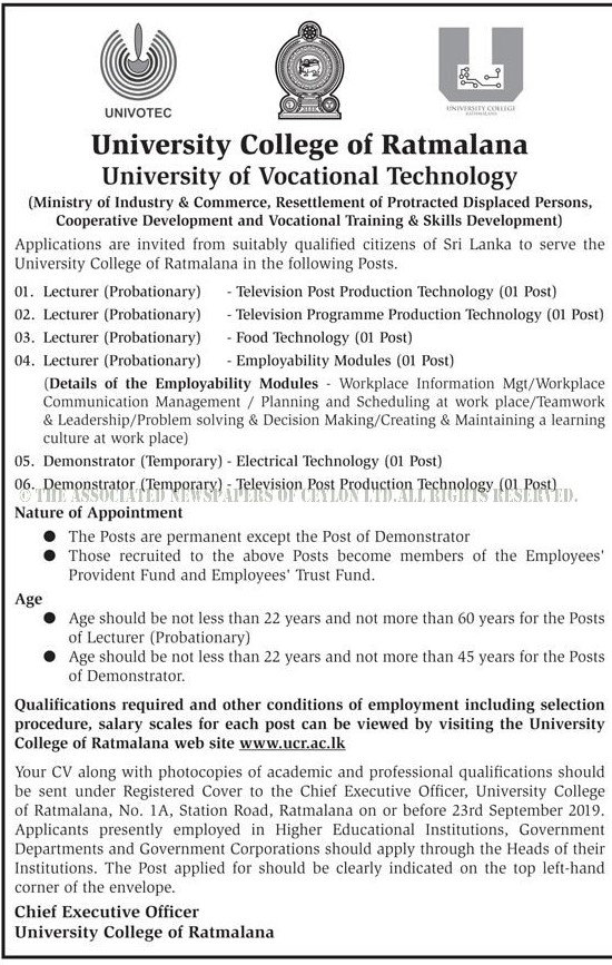 Lecturer, Demonstrator - University College of Ratmalana