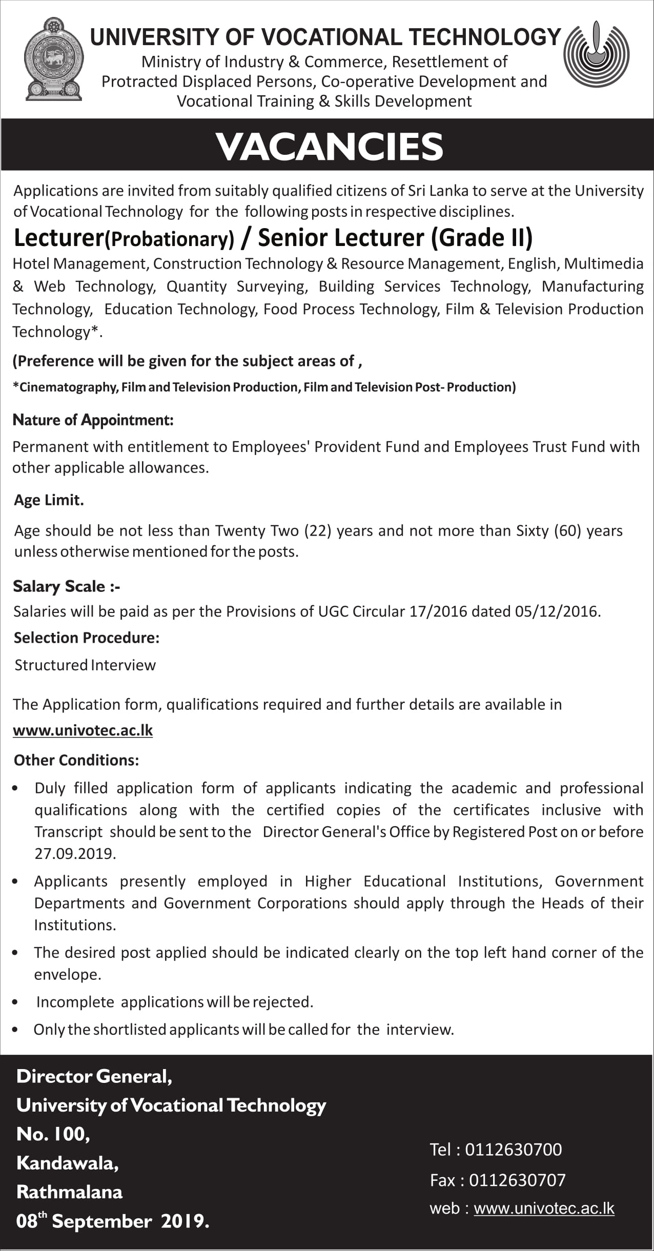 Lecturer, Senior Lecturer - University of Vocational Technology