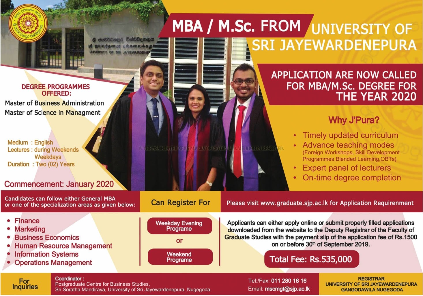 MBA/M.Sc. Degree for the Year 2020 - University of Sri Jayewardenepura