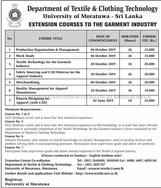 Extension Courses to the Garment Industry - Department of Textile & Clothing Technology - University of Moratuwa