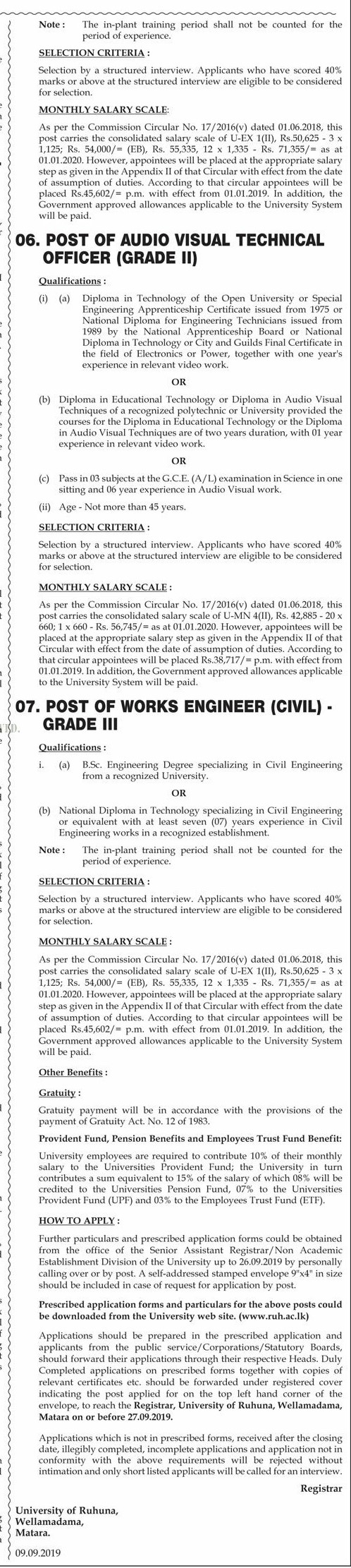 Engineer, Audio Visual Technical Officer, Project Manager, Chief Marshal, Chief Security Officer, Bursar - University of Ruhuna