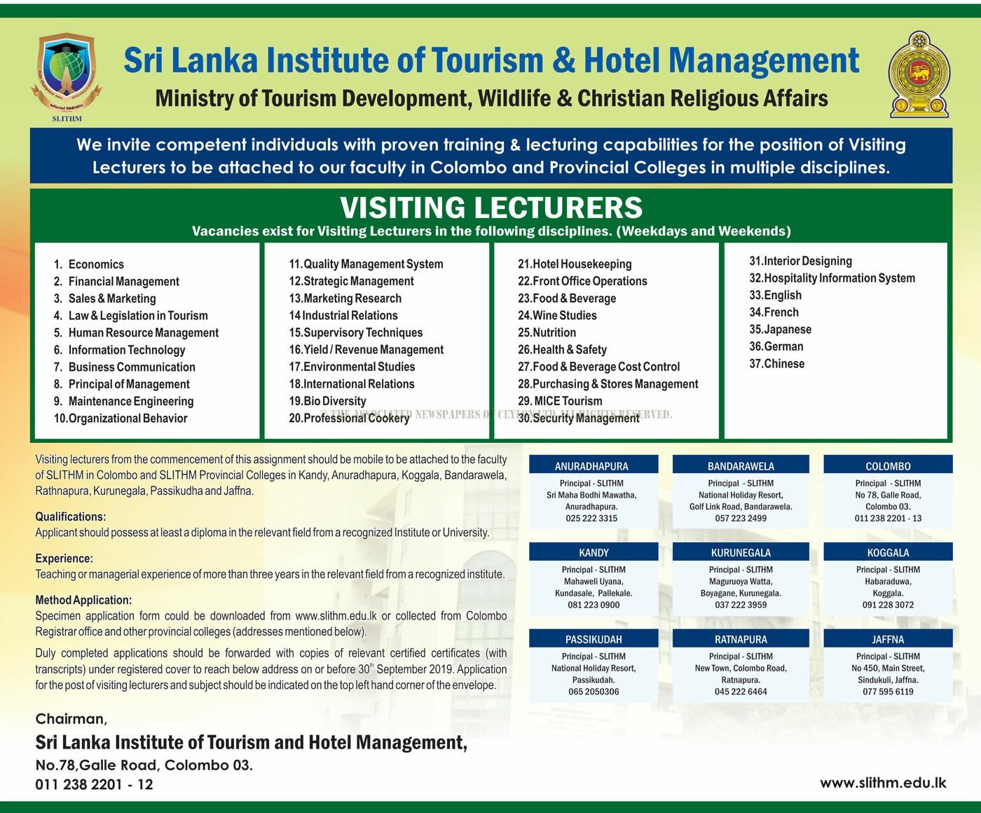 Visiting Lecturer - Sri Lanka Institute of Tourism & Hotel Management