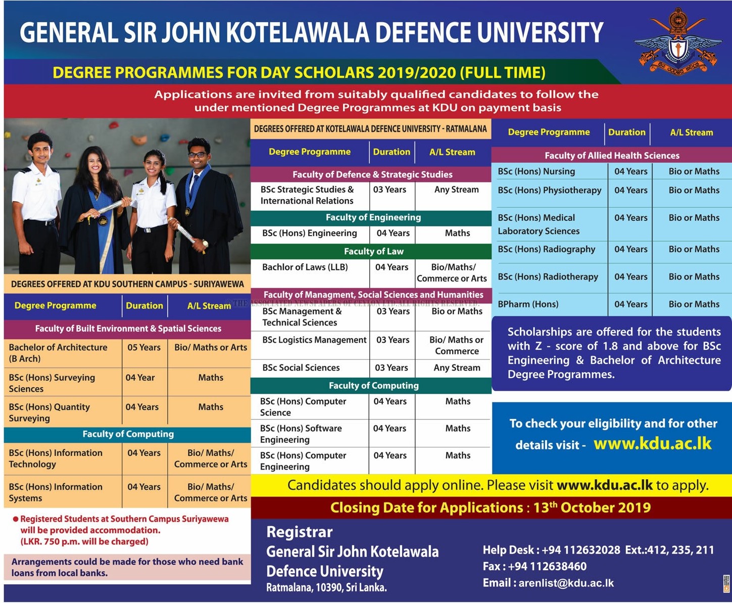 Degree Programmes for Day Scholars 2019/2020 (Full time) - General Sir John Kotelawala Defence University