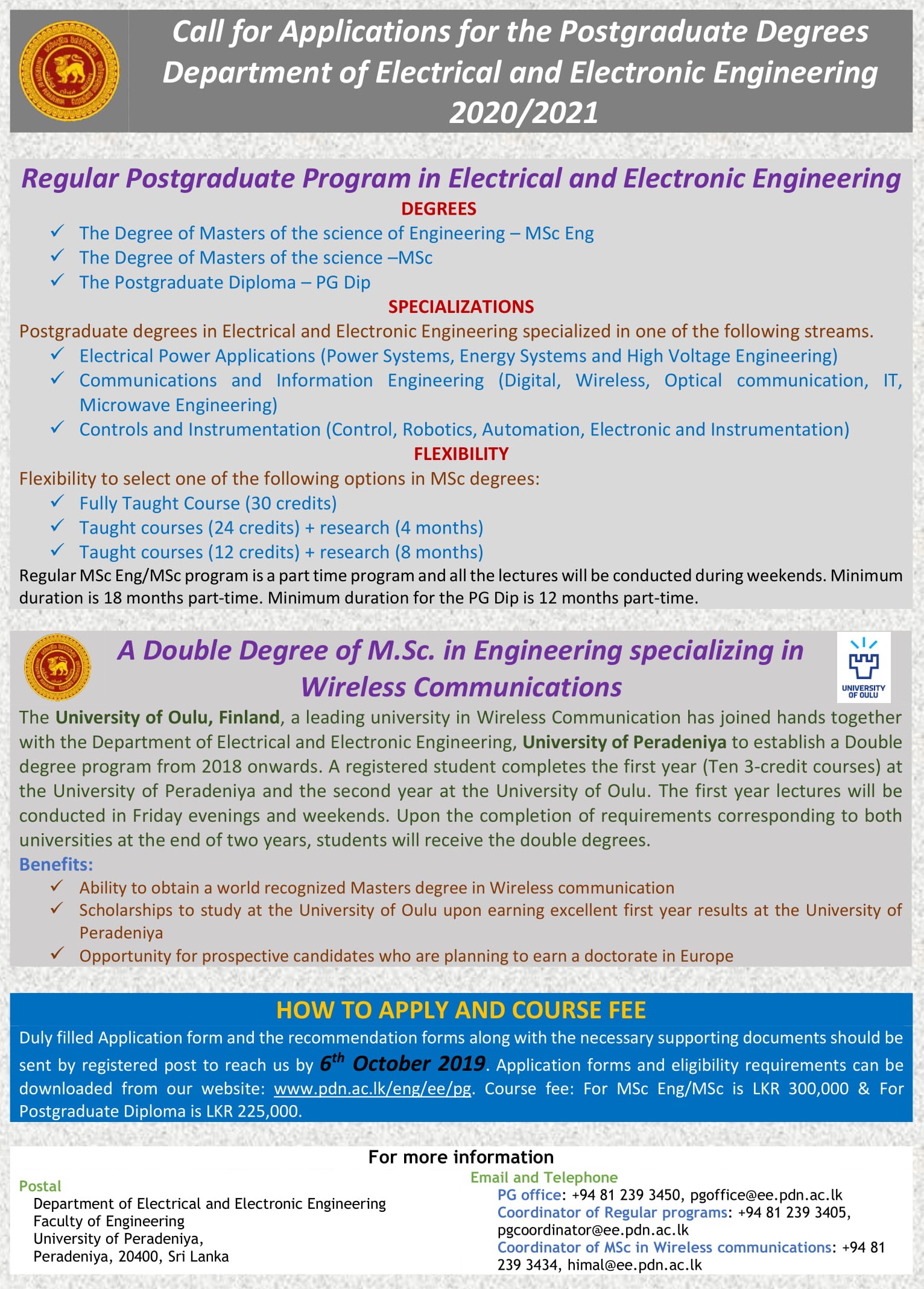 Postgraduate Degree Programme - Department of Electrical & Electronic Engineering - University of Peradeniya