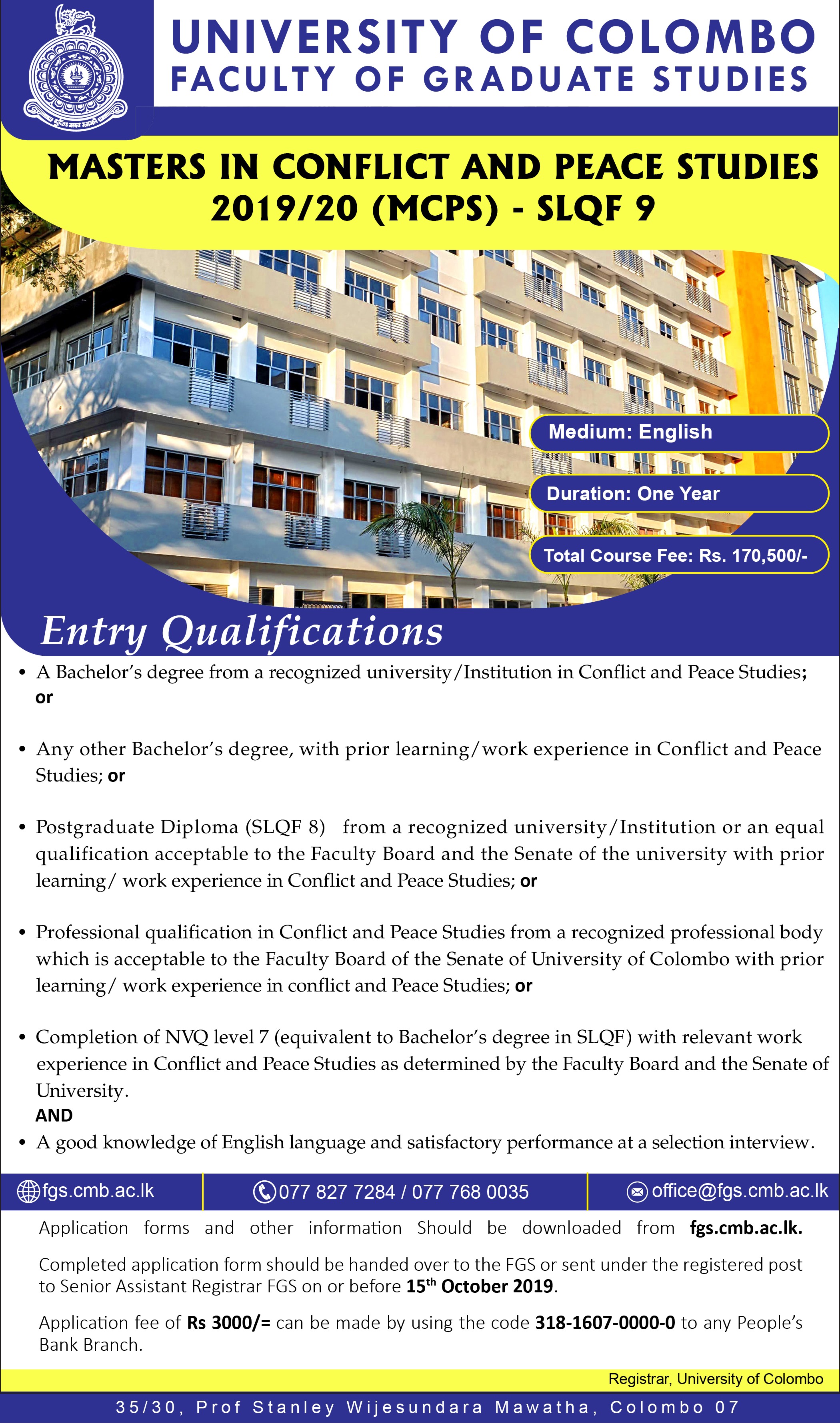 Masters in Conflict & Peace Studies (MCPS) 2019/2020 - Faculty of Graduate Studies - University of Colombo