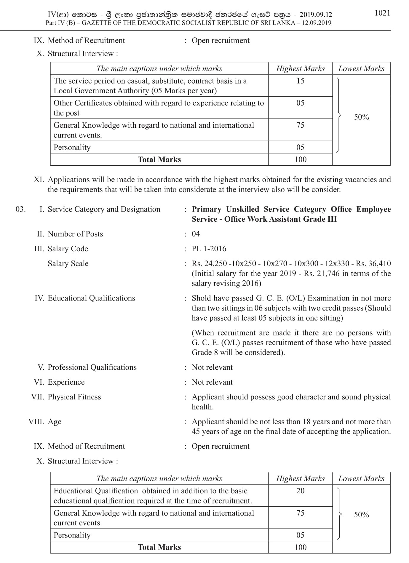 Office Work Assistant, Library Assistant, Health Labourer, Work/Field Labourer, Watchman - Beruwala Pradeshiya Sabha