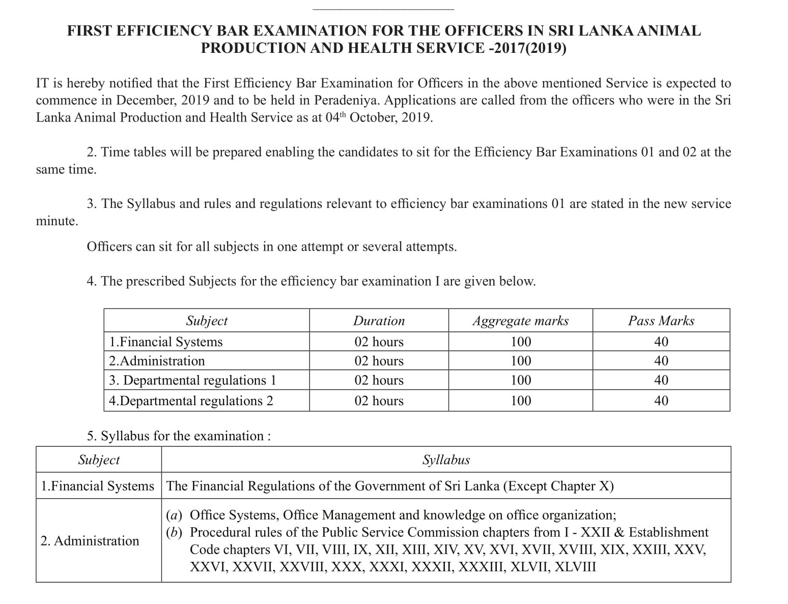 First Efficiency bar Examination for the Officers in Sri Lanka Animal Production & Health Service -2017(2019)