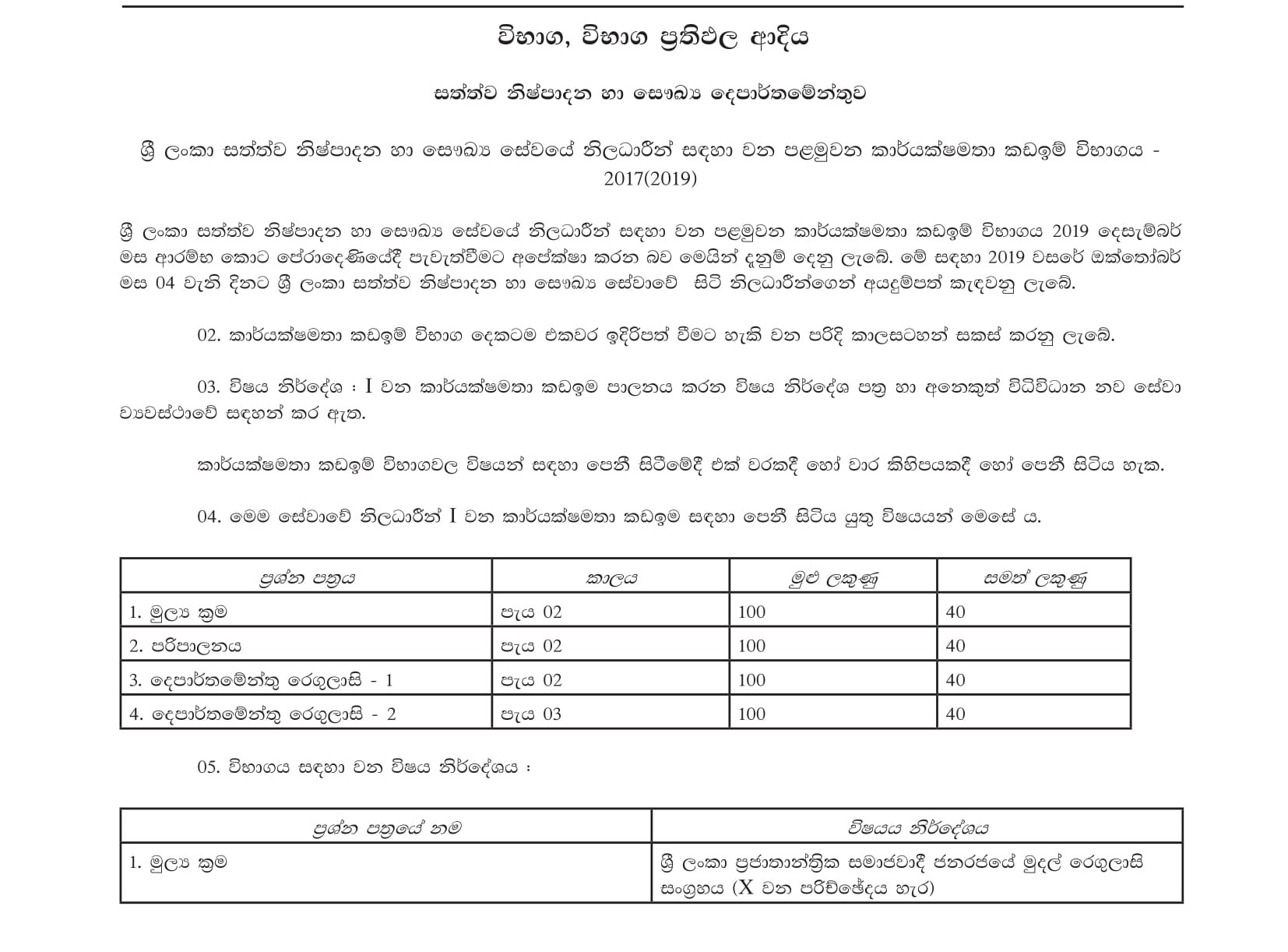 First Efficiency bar Examination for the Officers in Sri Lanka Animal Production & Health Service -2017(2019)