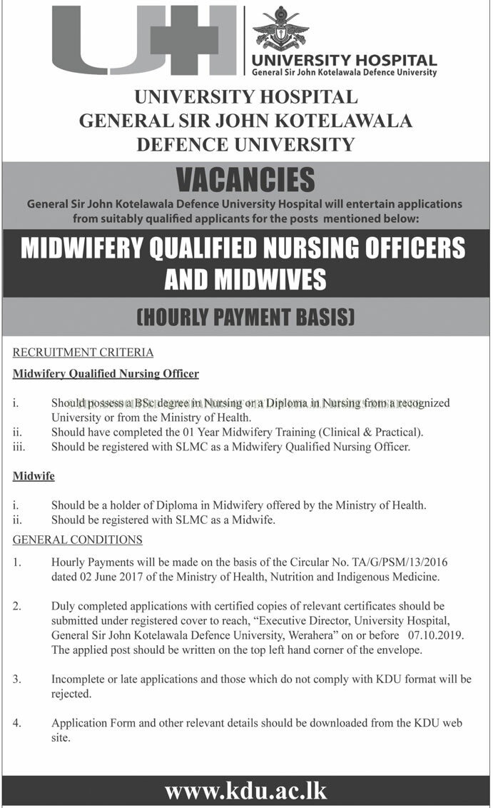 Midwifery Qualified Nursing Officer, Midwives - University Hospital - General Sir John Kotelawala Defence University