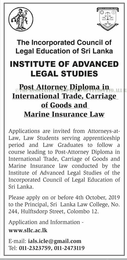 Post Attorney Diploma in International Trade, Carriage of Goods & Marine Insurance Law - The Incorporated Council of Legal Education of Sri Lanka