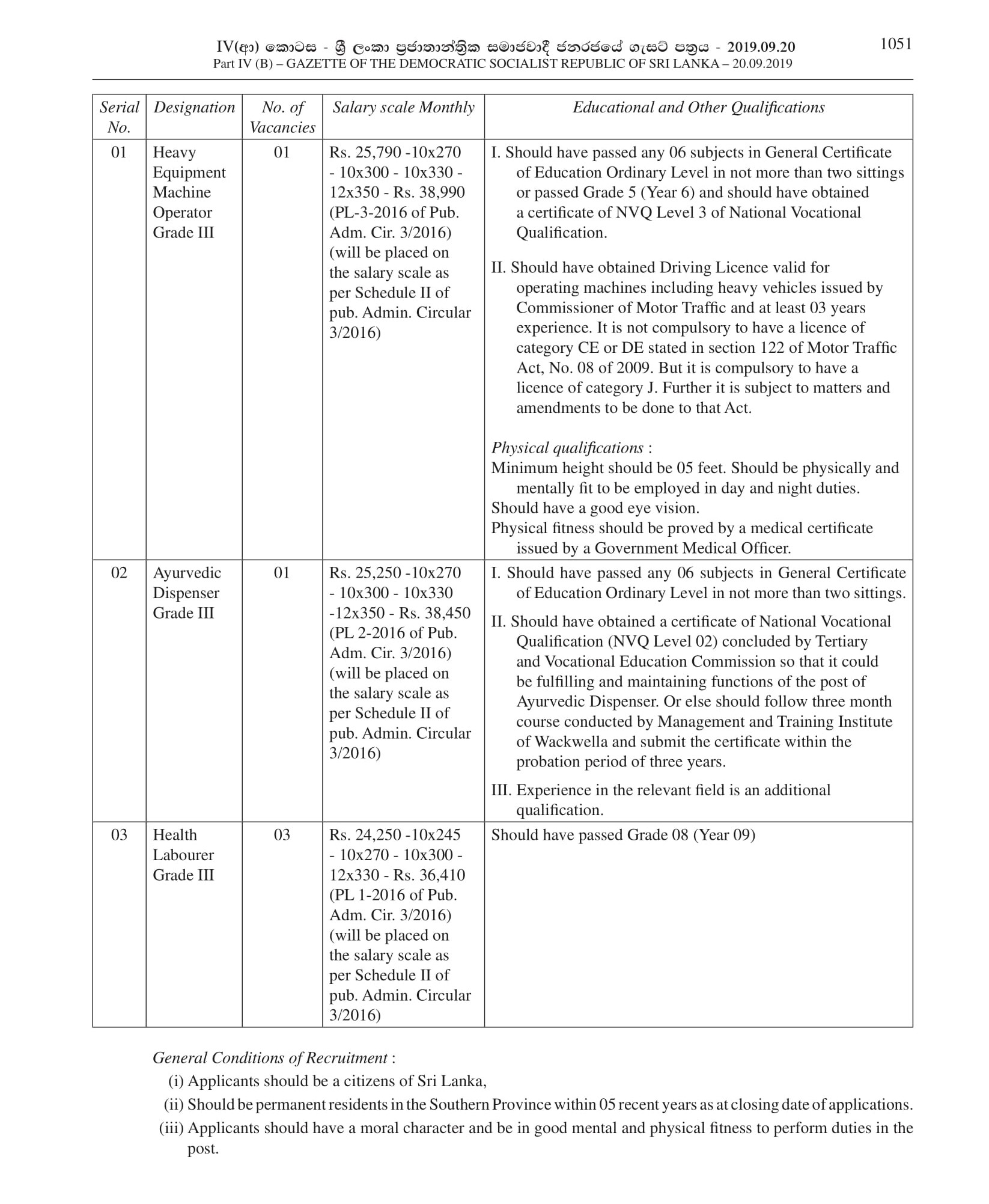 Ayurvedic Dispenser, Heavy Equipment Machine Operator, Health Labourer - Kotapola Pradeshiya Sabha