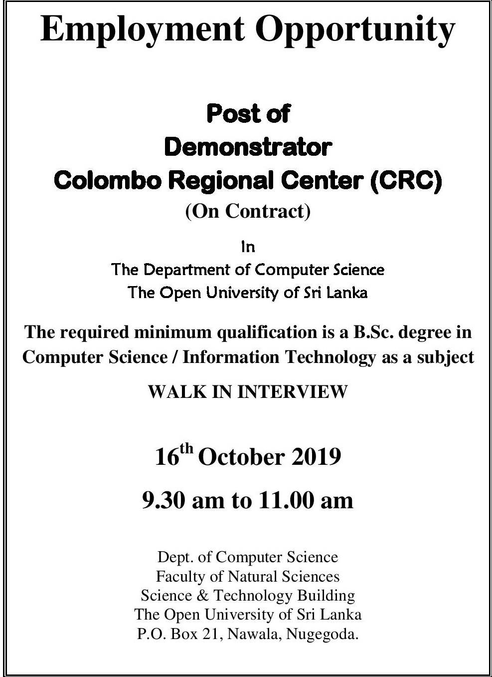Demonstrator - The Open University of Sri Lanka