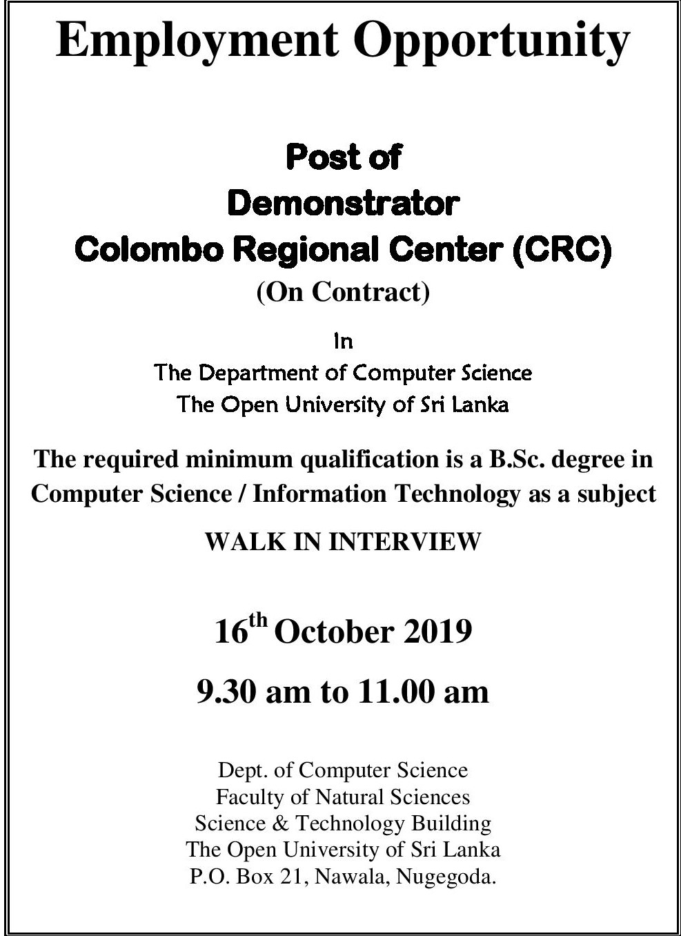 Demonstrator - The Open University of Sri Lanka