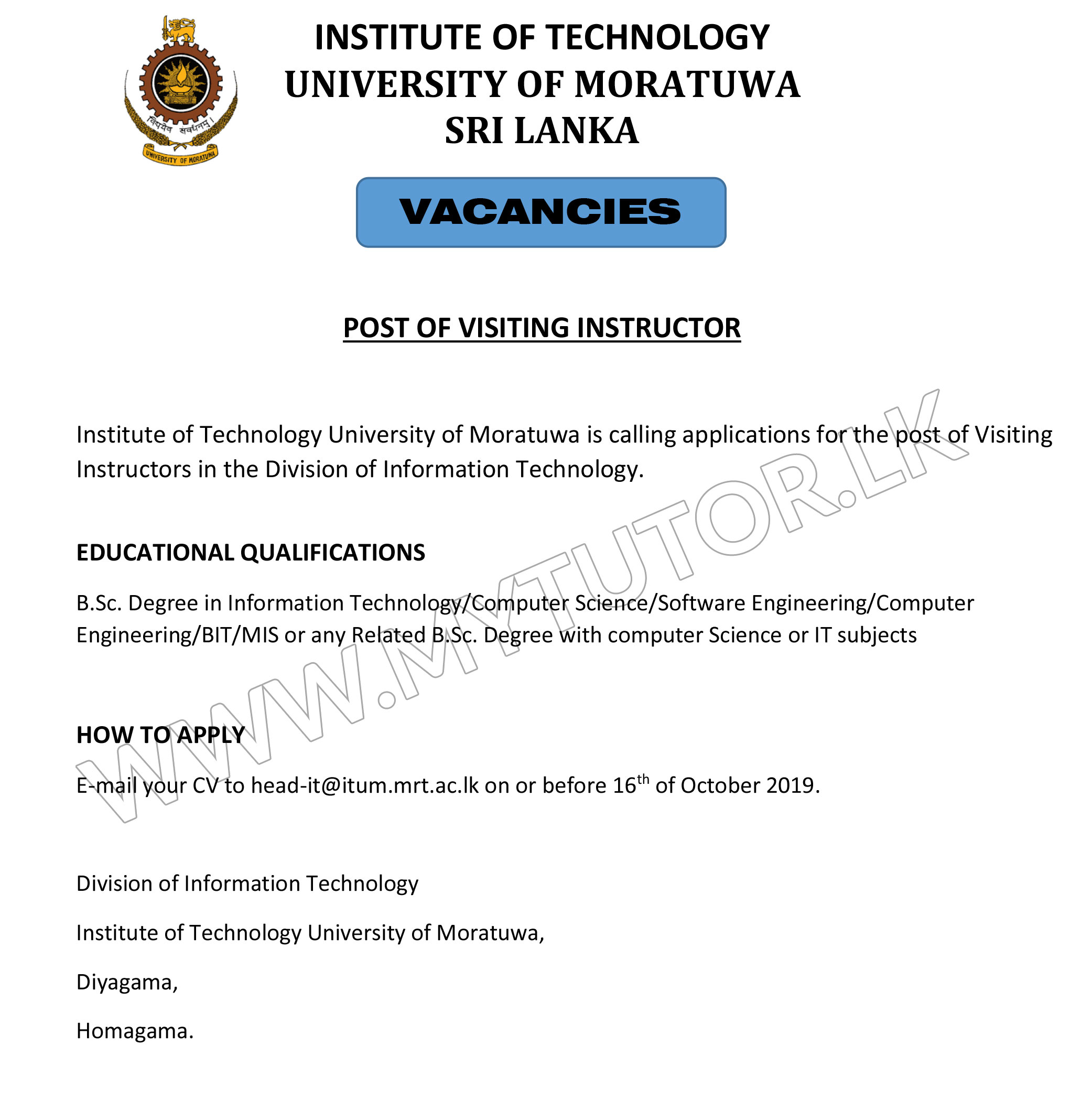 Visiting Instructor - Institute of Technology - University of Moratuwa