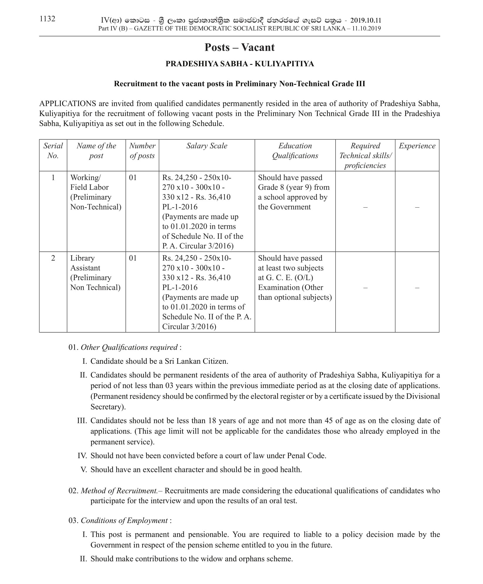 Library Assistant, Working/Field Labor - Kuliyapitiya  Pradeshiya Sabha 