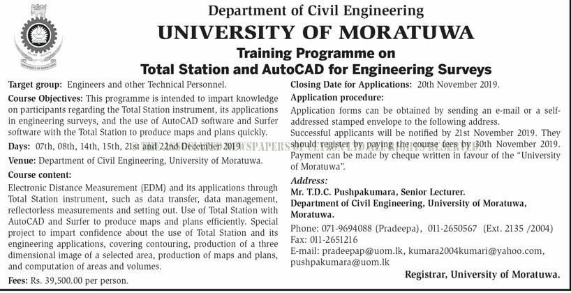 Training Programme on Total Station & AutoCAD for Engineering Surveys - University of Moratuwa