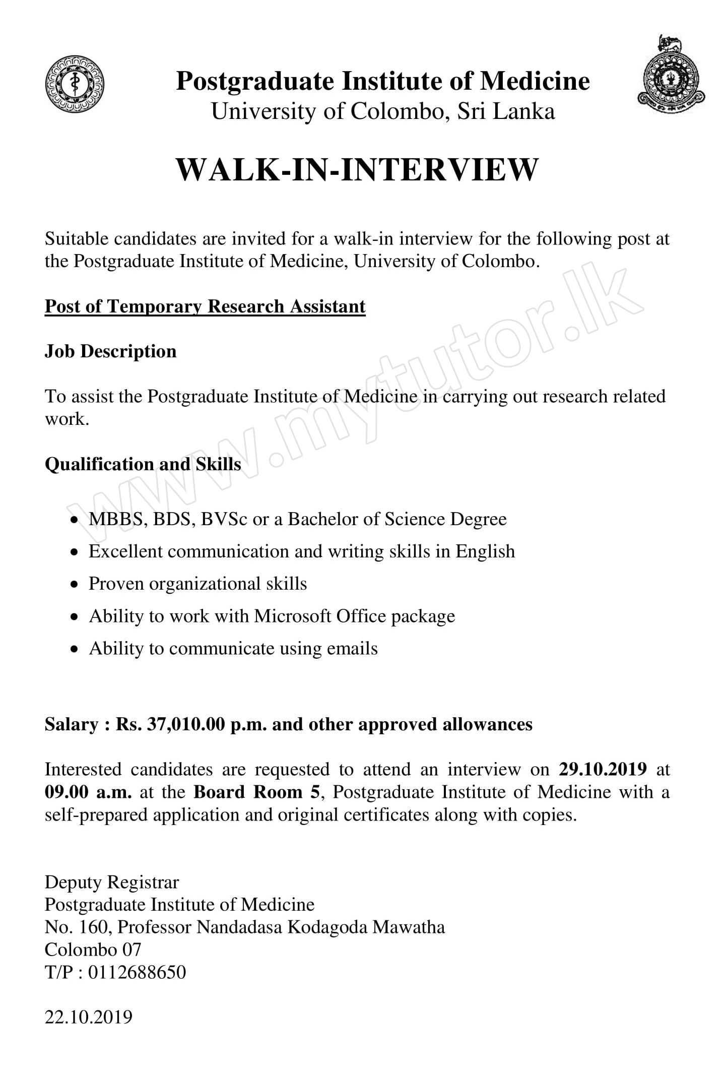 Research Assistant - Postgraduate Institute of Medicine - University of Colombo