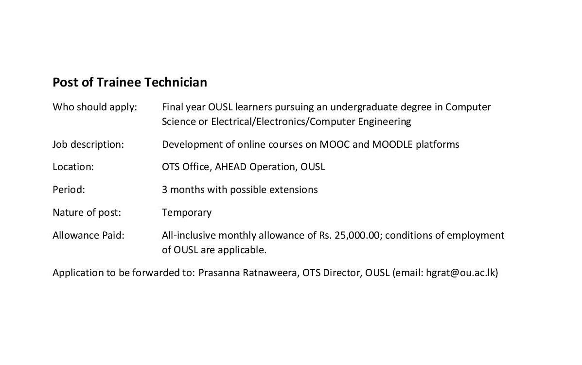 Trainee Technician - The Open University of Sri Lanka