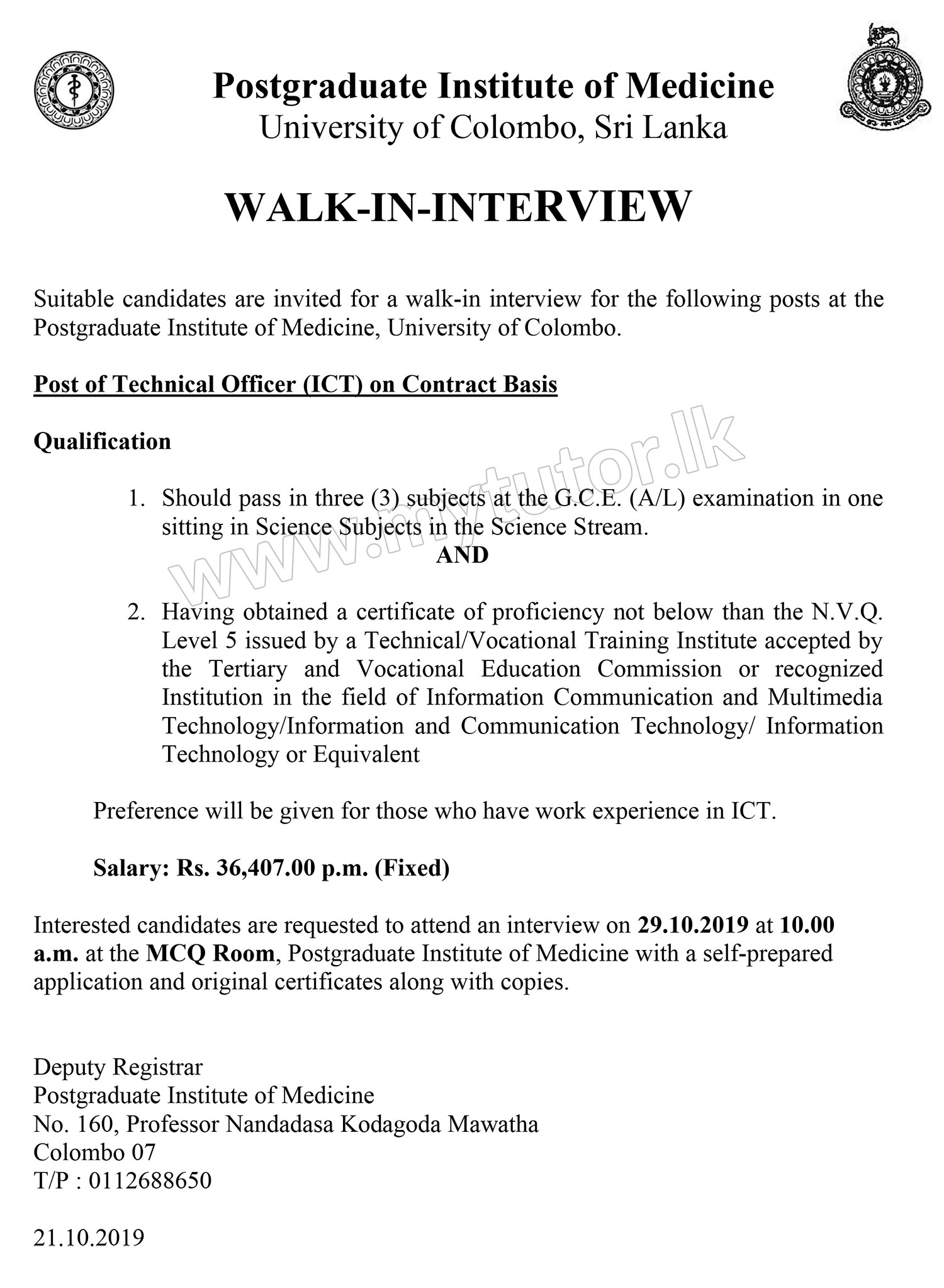 Technical Officer (Audio Visual, ICT) - Postgraduate Institute of Medicine - University of Colombo