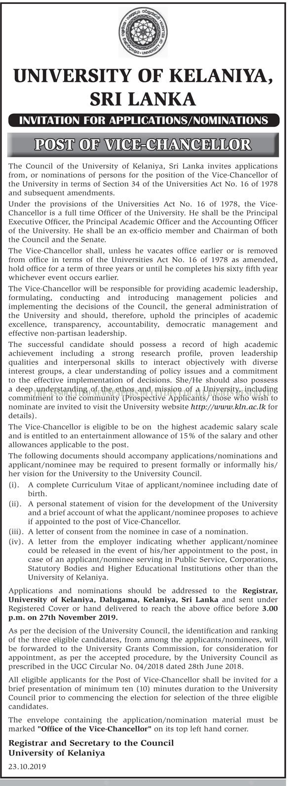 Vice Chancellor - University of Kelaniya