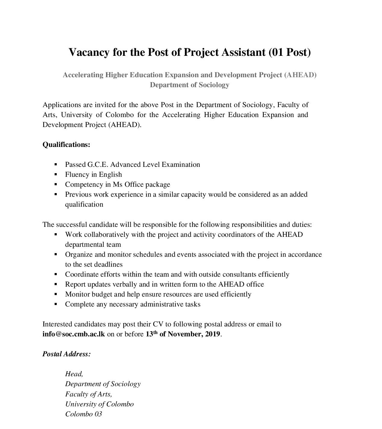 Project Assistant - University of Colombo