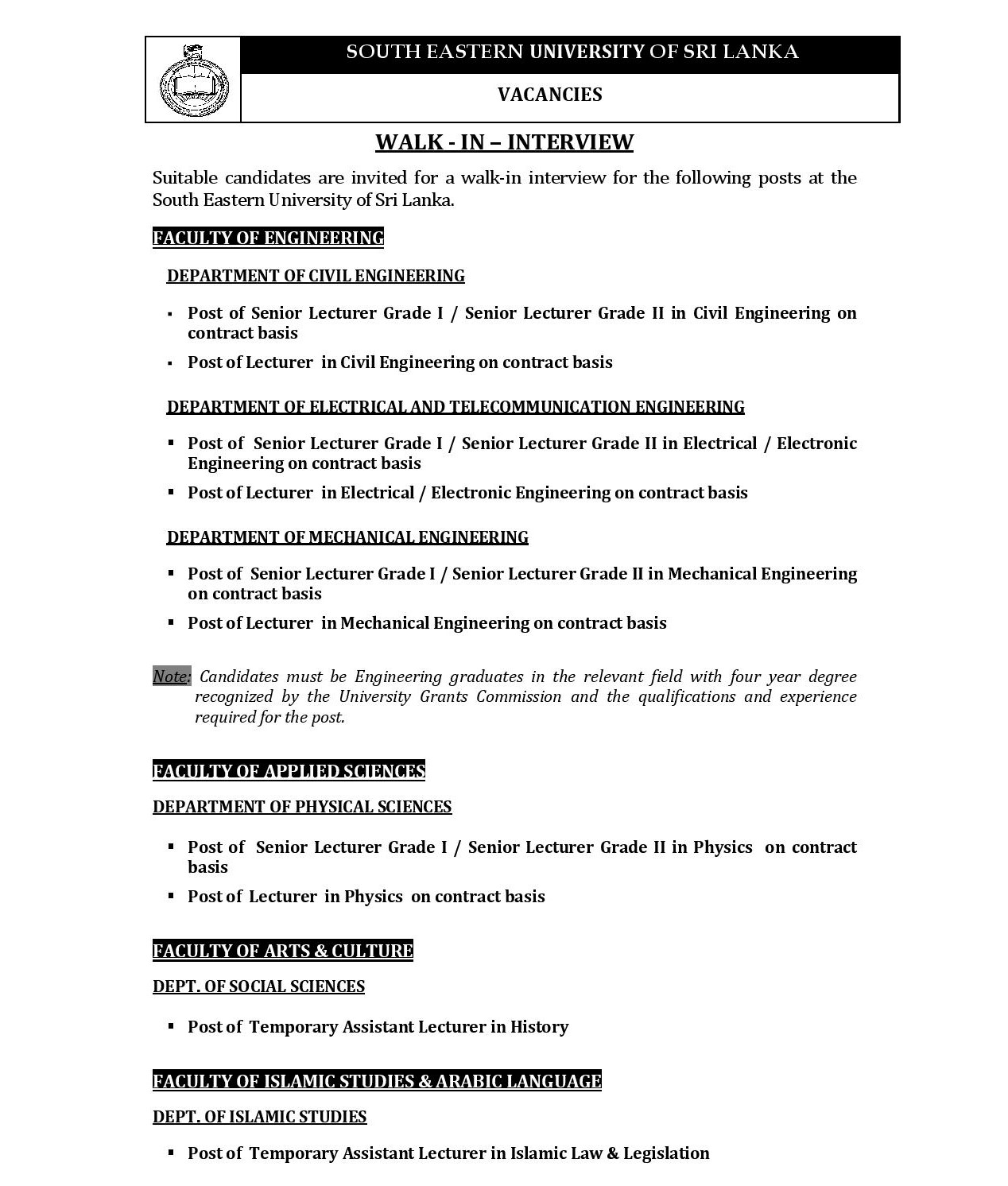 Senior Lecturer, Lecturer, Assistant Lecturer, Demonstrator - South Eastern University