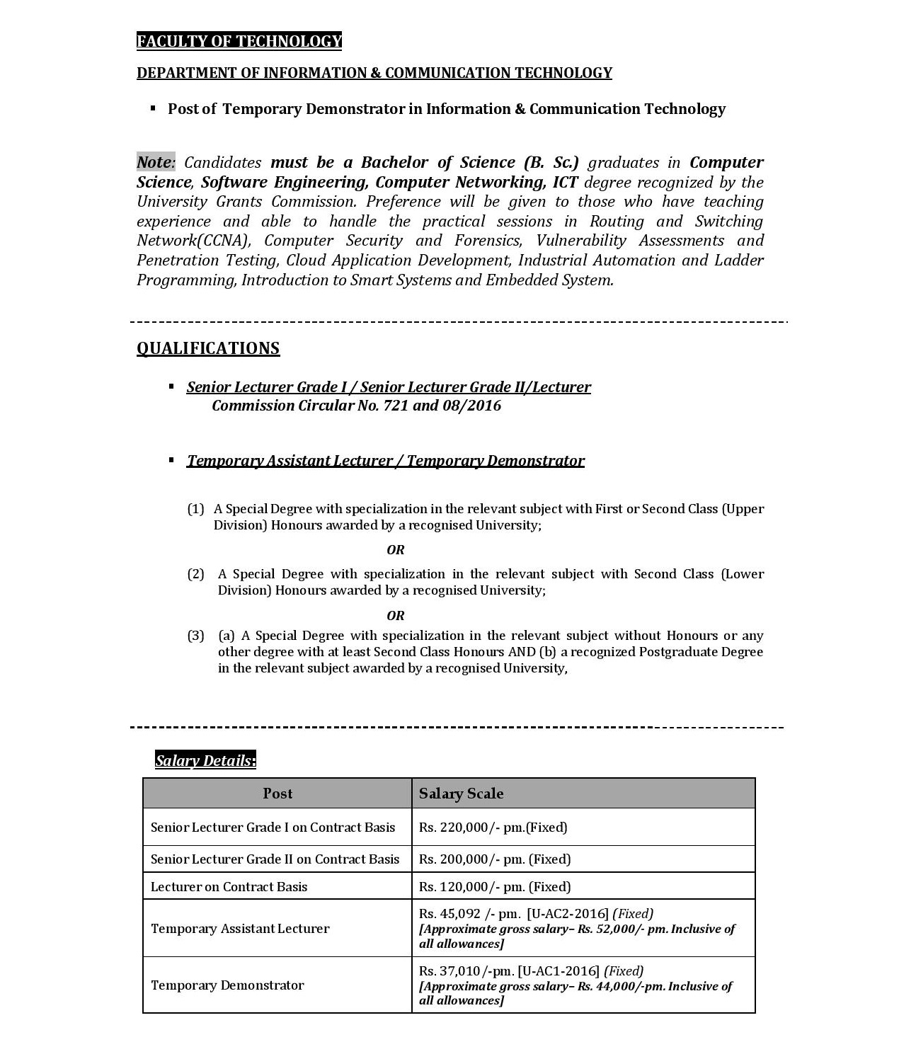 Senior Lecturer, Lecturer, Assistant Lecturer, Demonstrator - South Eastern University