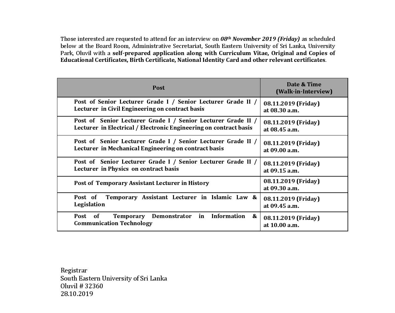 Senior Lecturer, Lecturer, Assistant Lecturer, Demonstrator - South Eastern University