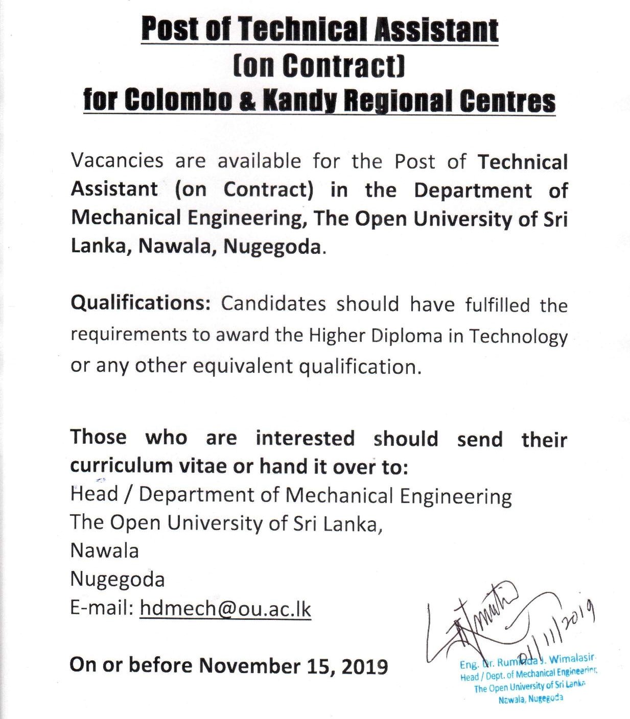 Technical Assistant - The Open University of Sri Lanka