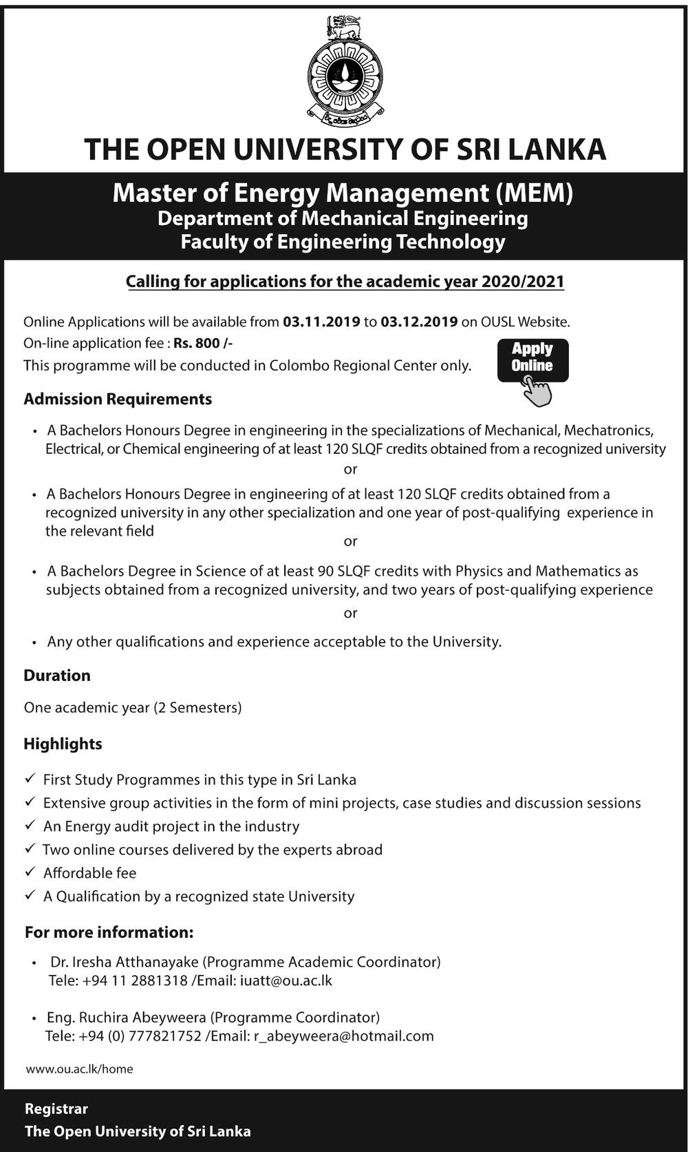 Master of Energy Management - Department of Mechanical Engineering - The Open University of Sri Lanka