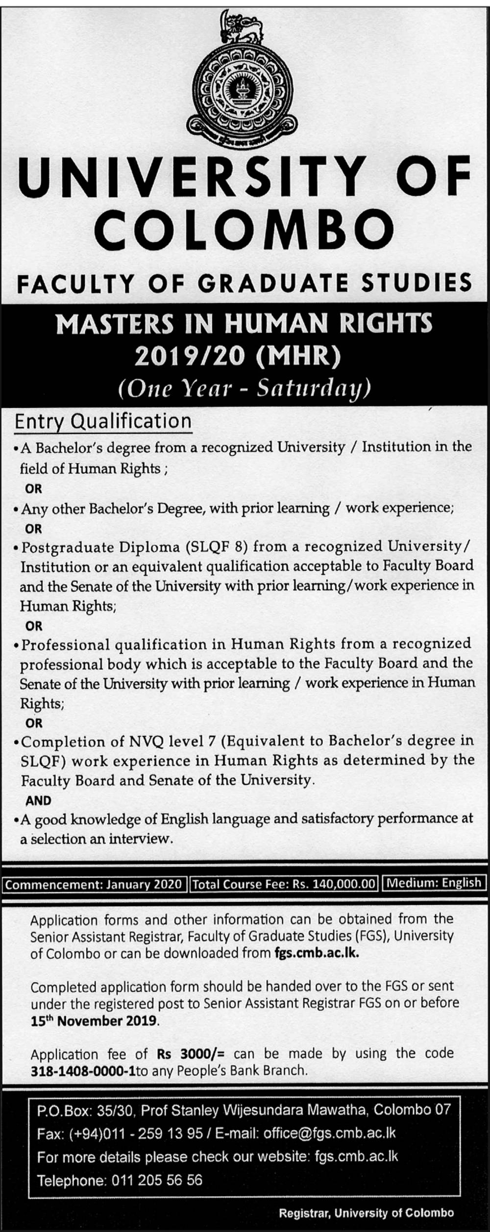 Master in Human Rights (2019/20) - Faculty of Graduate Studies -University of Colombo