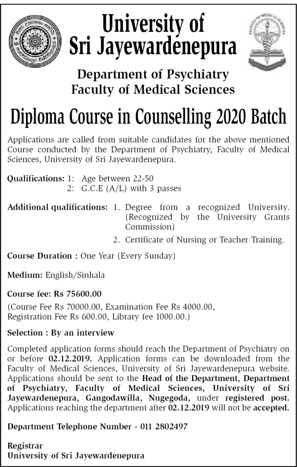 Diploma Course in Counselling (2020) - Department of Psychiatry - University of Sri Jayewardenepura